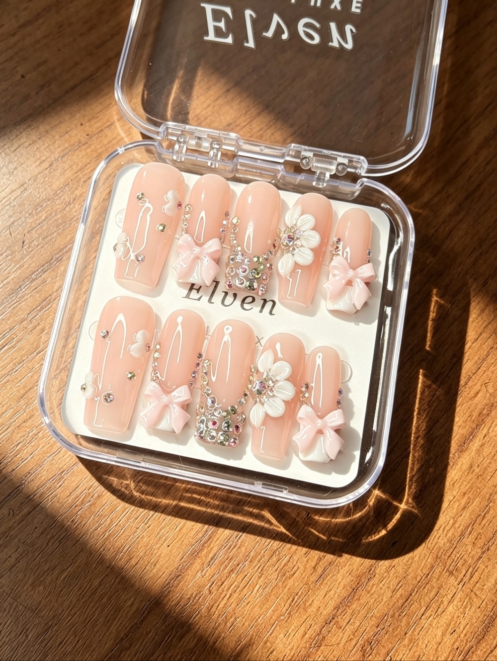 Blush Pink 3D Floral & Bow with silver beads Long Square Press On Nails